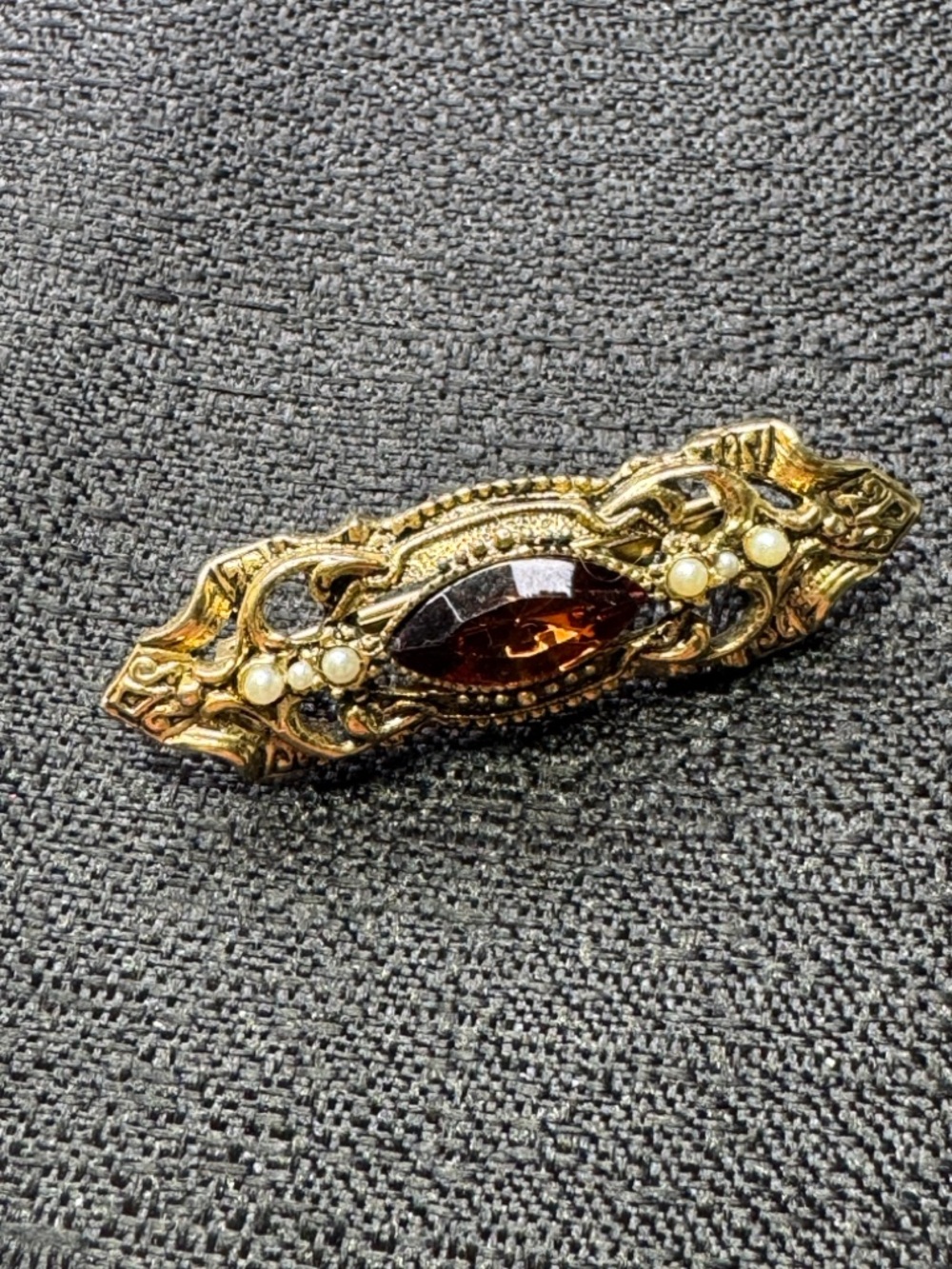 Antique-Style Gold Bar Pin with Amber Glass Stone